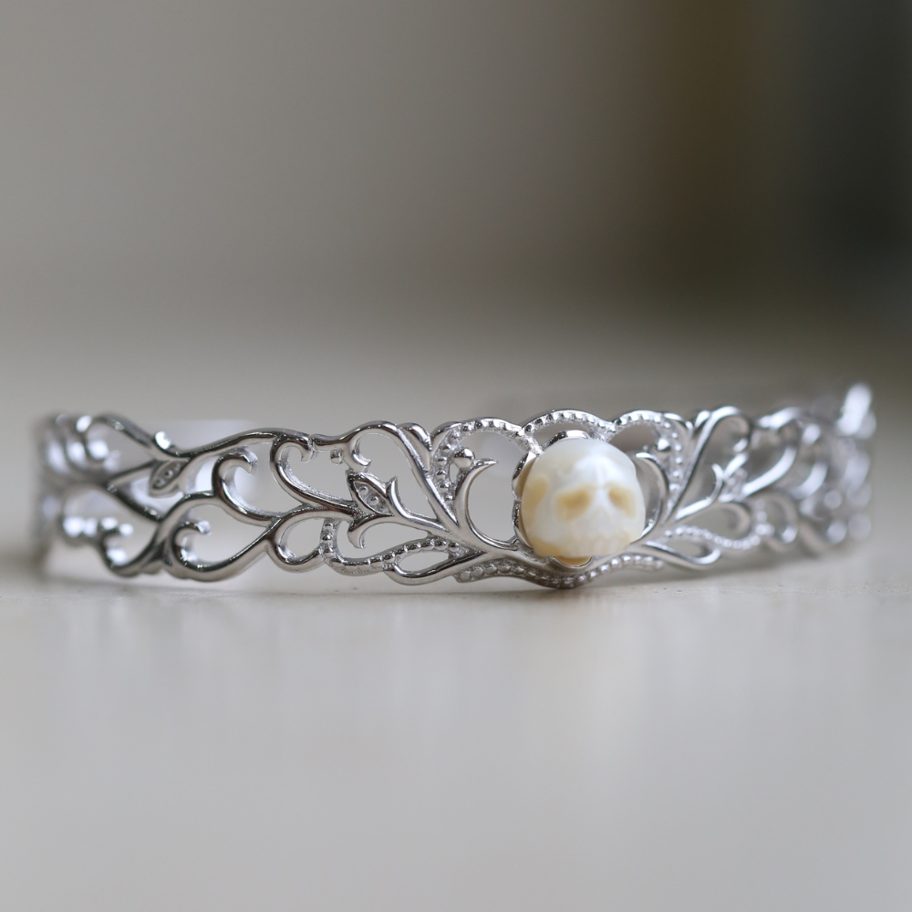 Carved Pearl Skull Sterling Silver Bangle Bracelet