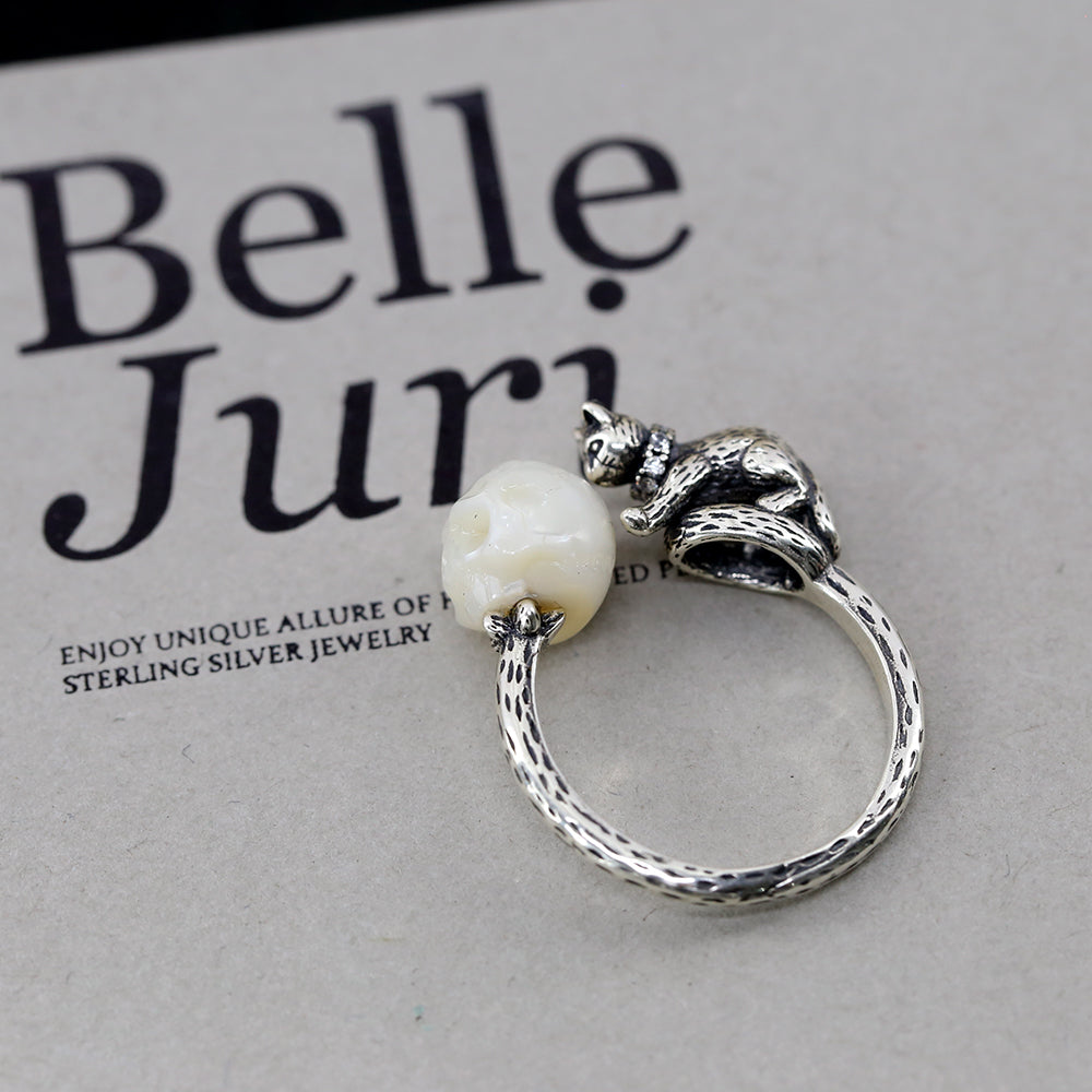 Celestial Cat Pearl Skull Ring