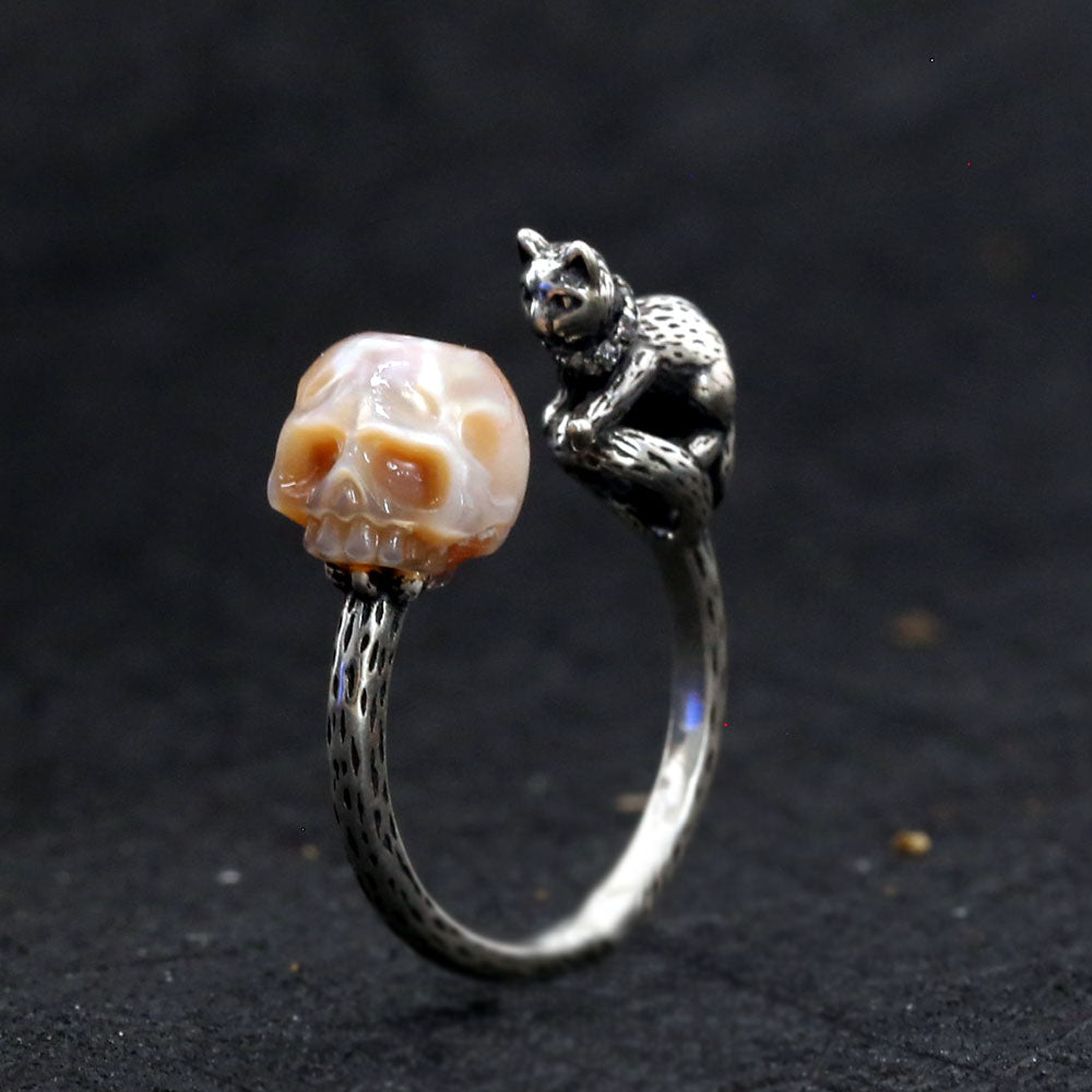 Celestial Cat Pearl Skull Ring