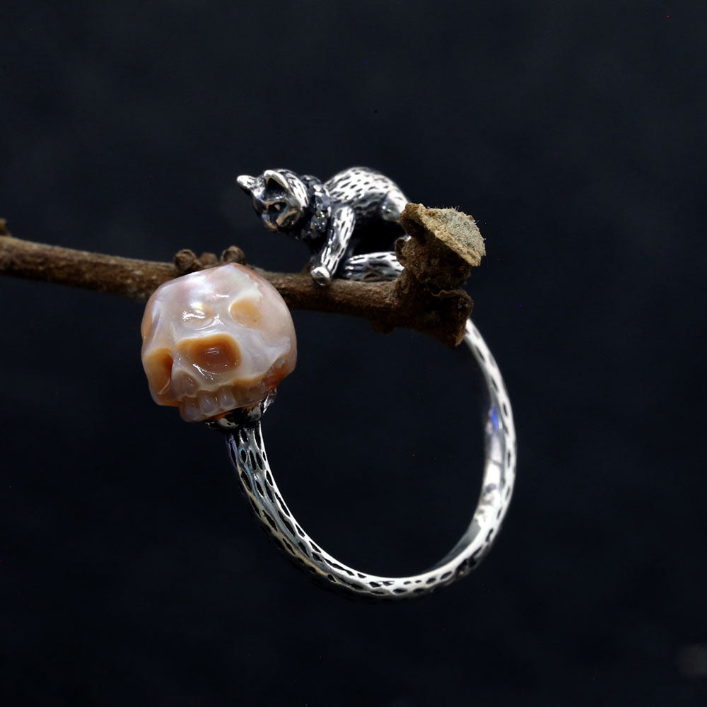 Celestial Cat Pearl Skull Ring