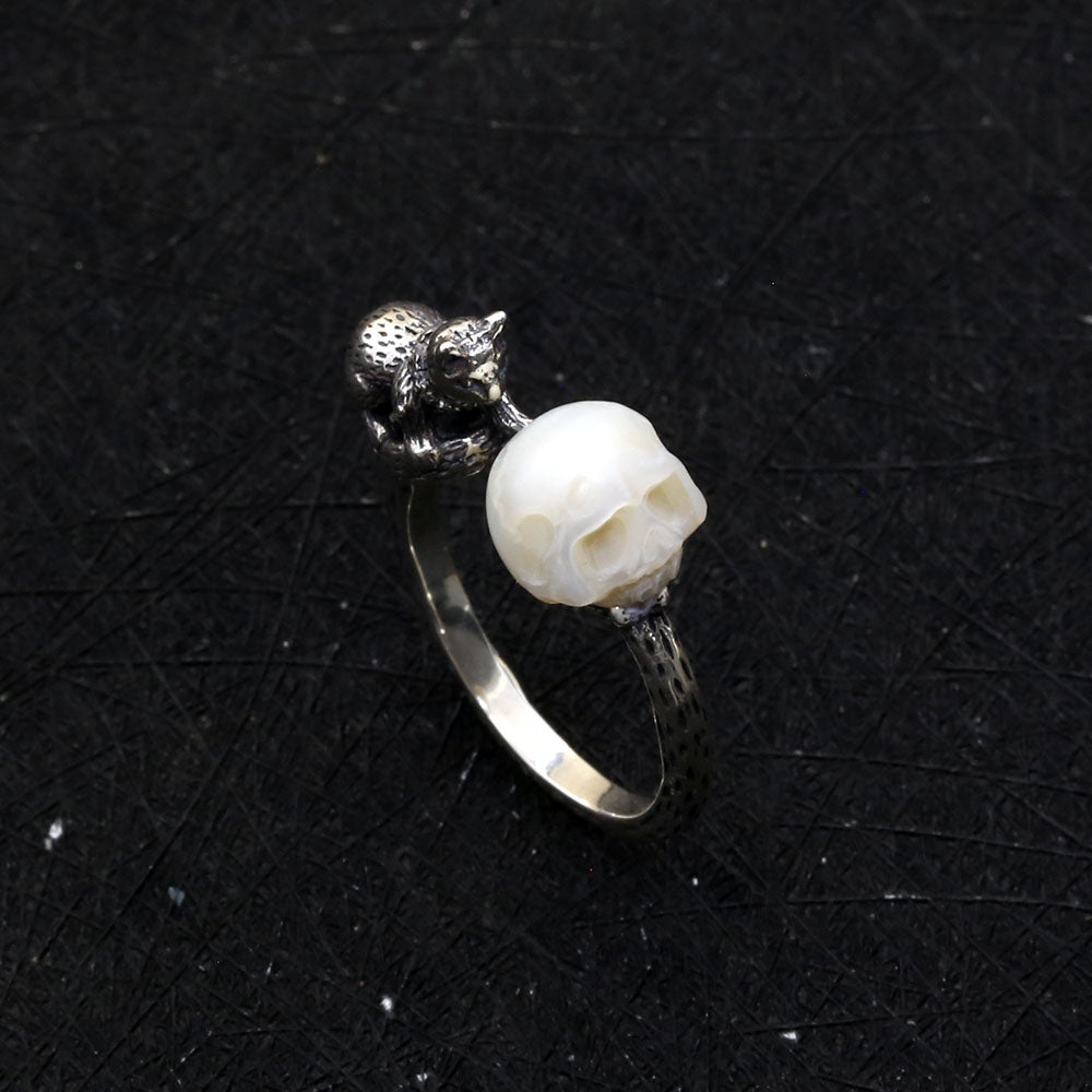 Celestial Cat Pearl Skull Ring