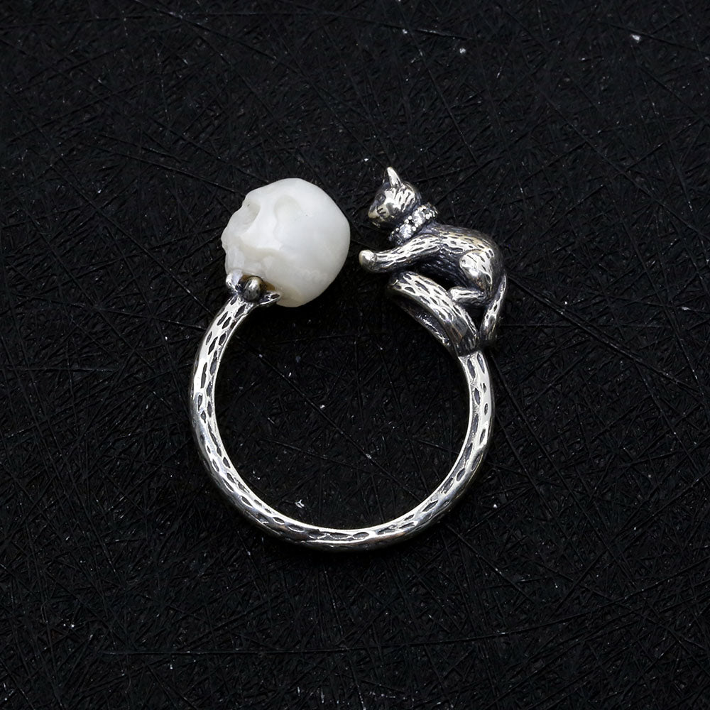 Celestial Cat Pearl Skull Ring