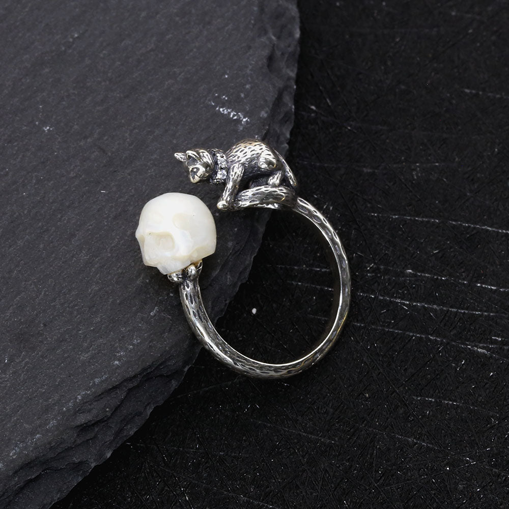 Celestial Cat Pearl Skull Ring