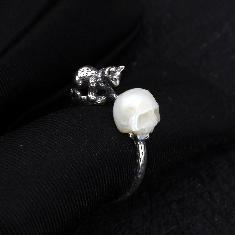 Celestial Cat Pearl Skull Ring