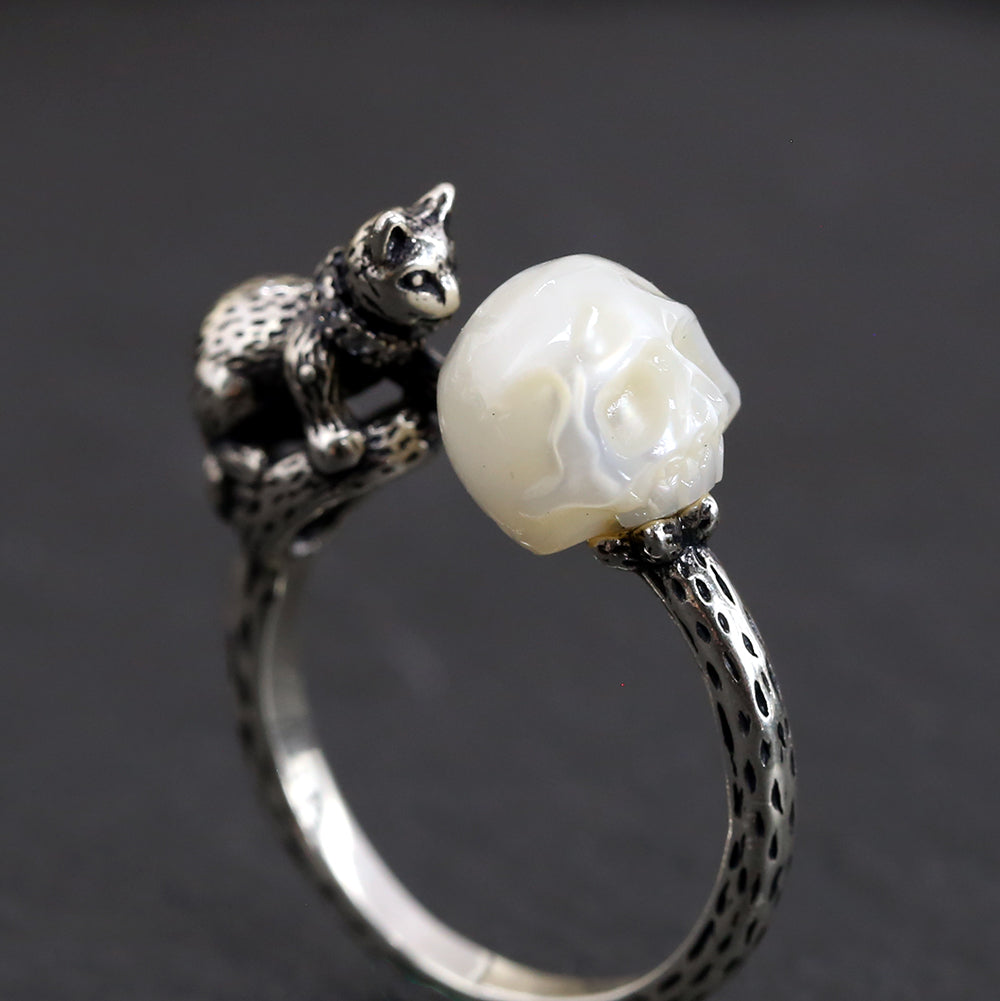 Celestial Cat Pearl Skull Ring