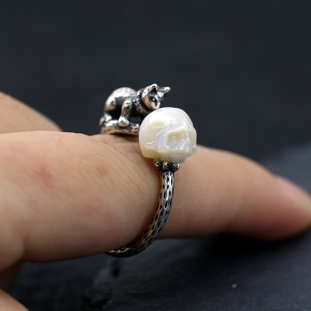 Celestial Cat Pearl Skull Ring