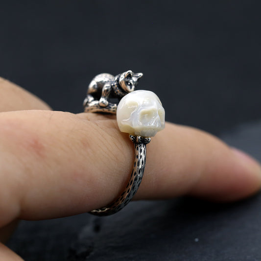 Celestial Cat Pearl Skull Ring