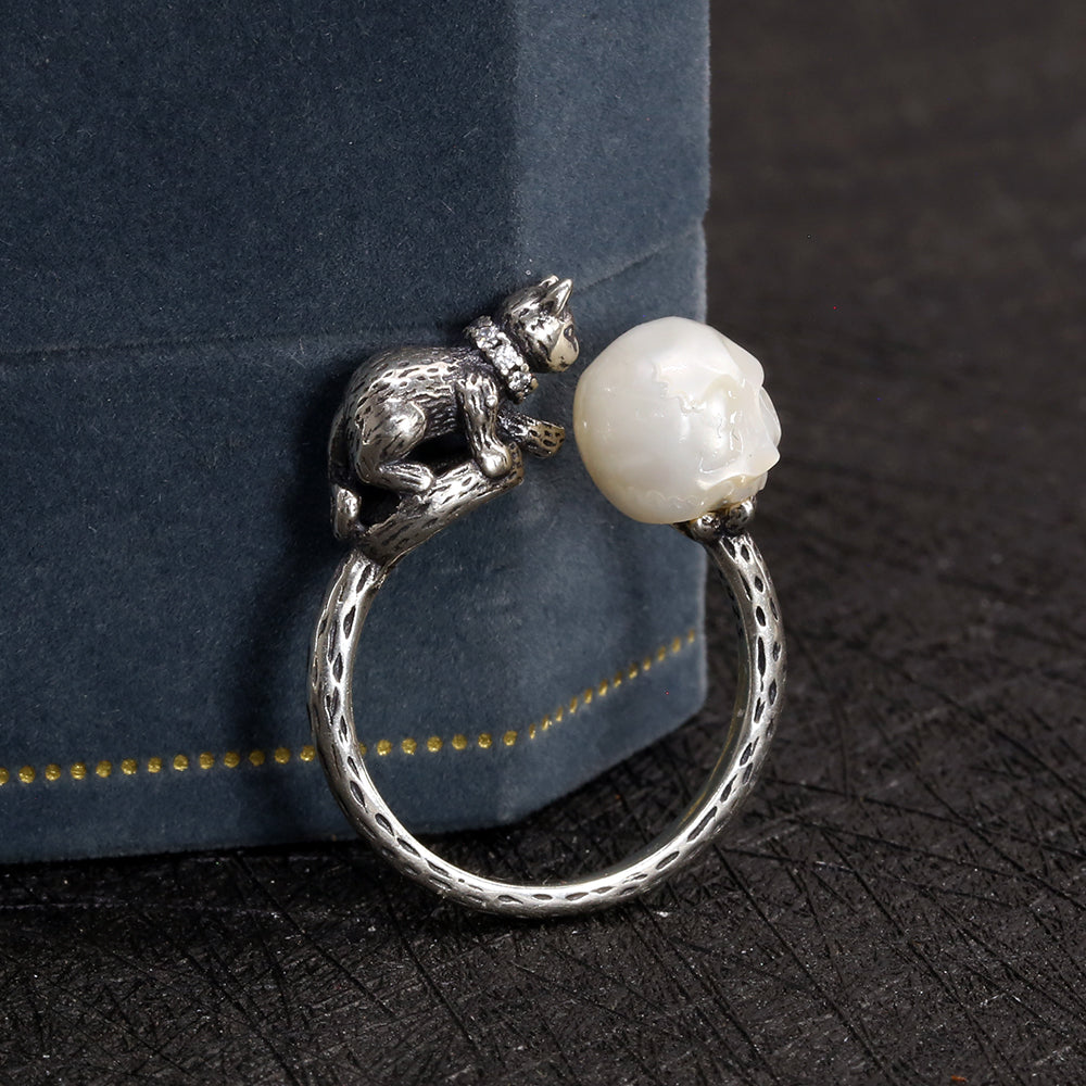 Celestial Cat Pearl Skull Ring