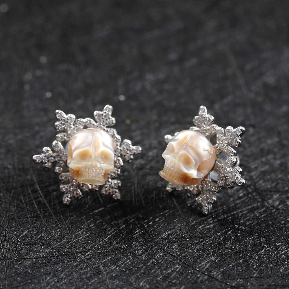 Christmas Snowflake Zircon Pearl Skull Stud Earrings