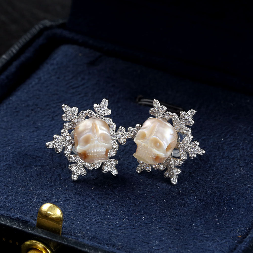 Christmas Snowflake Zircon Pearl Skull Stud Earrings