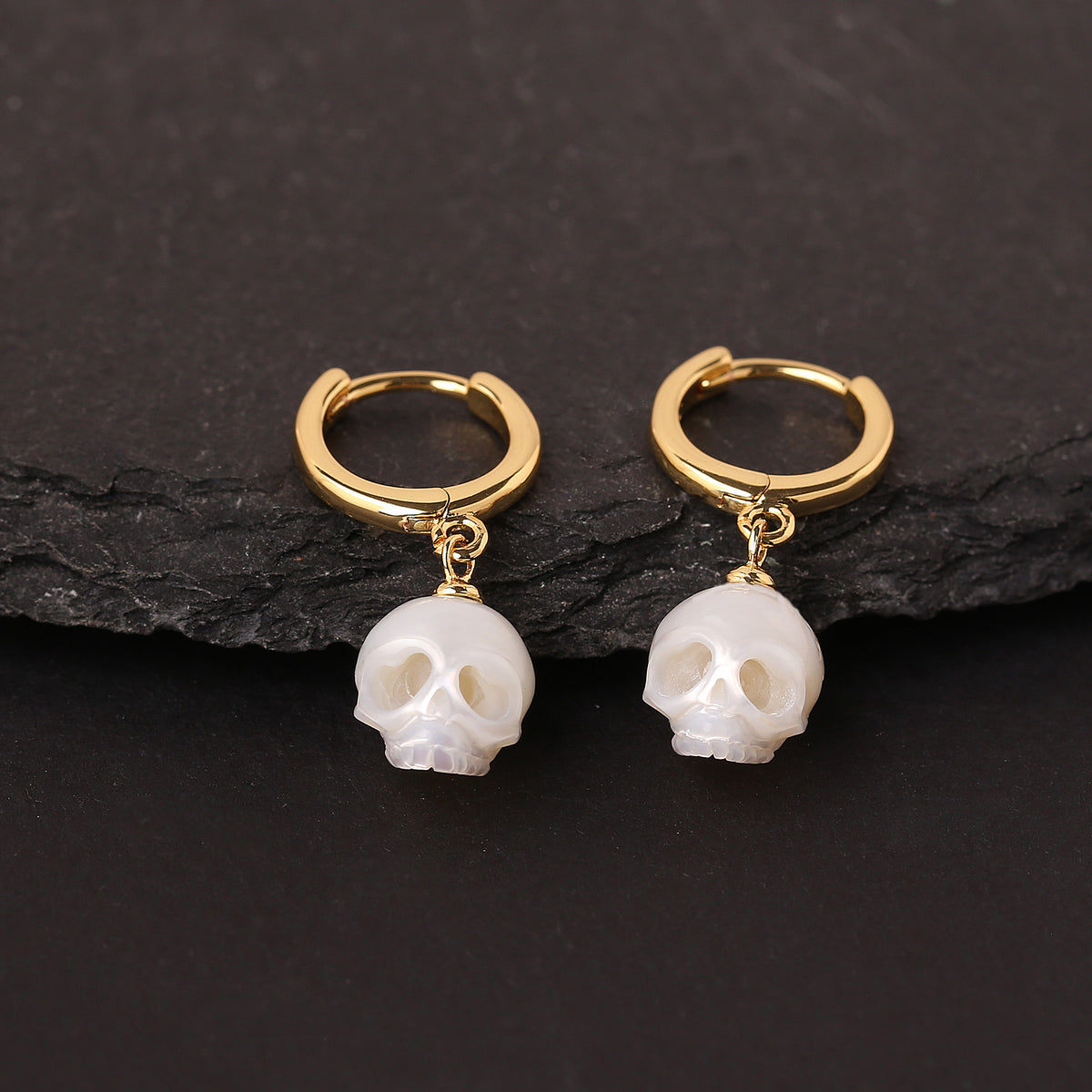Classic Cranium Pearl Drop Huggie Hoop Earrings-White