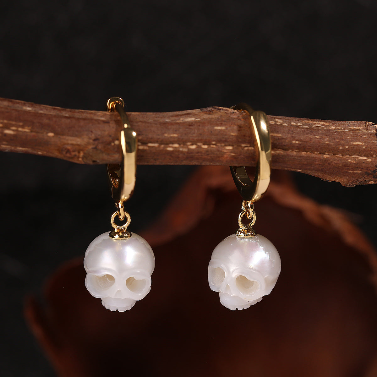 Classic Cranium Pearl Drop Huggie Hoop Earrings-White