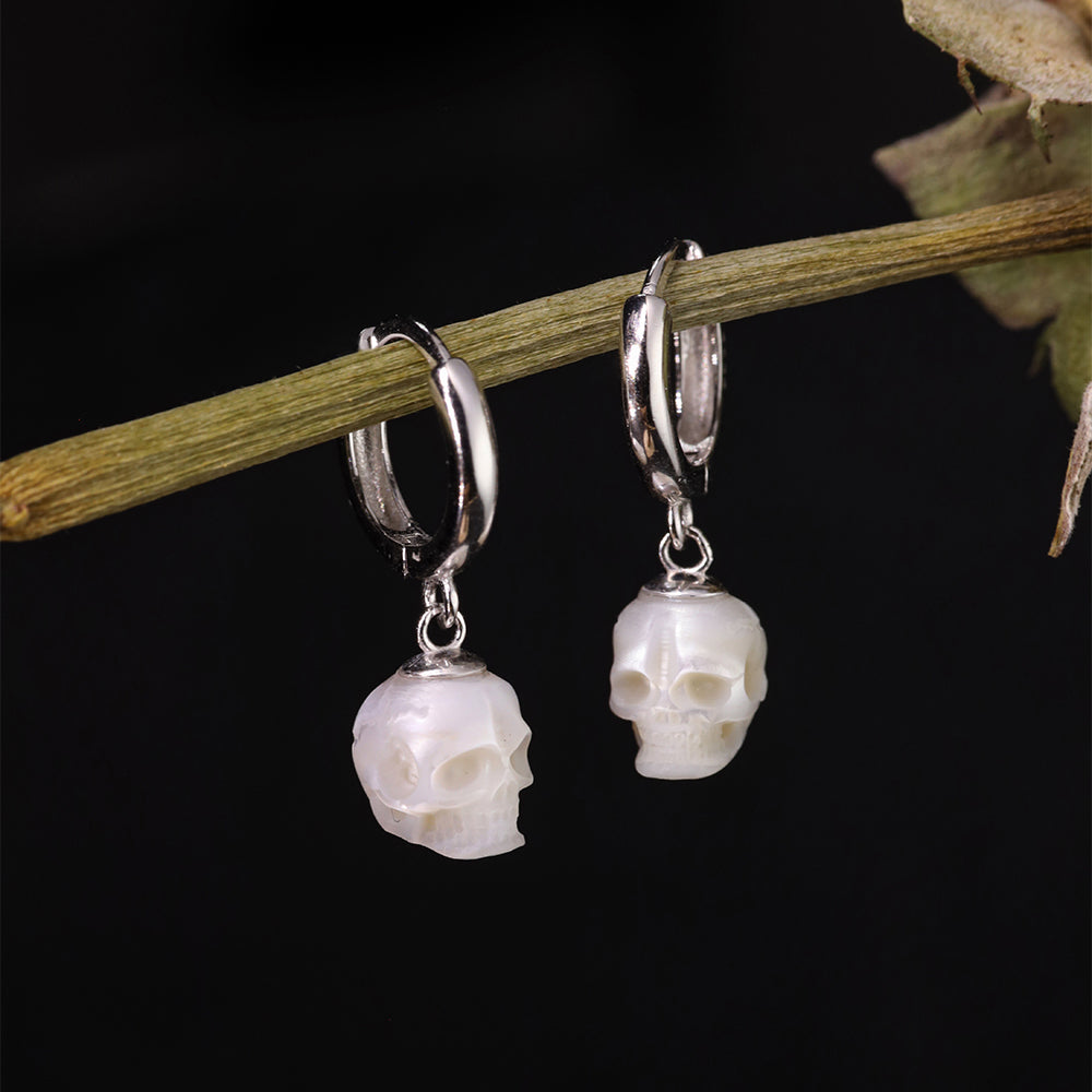 Classic Skull Pearl Drop Huggie Hoop Earrings