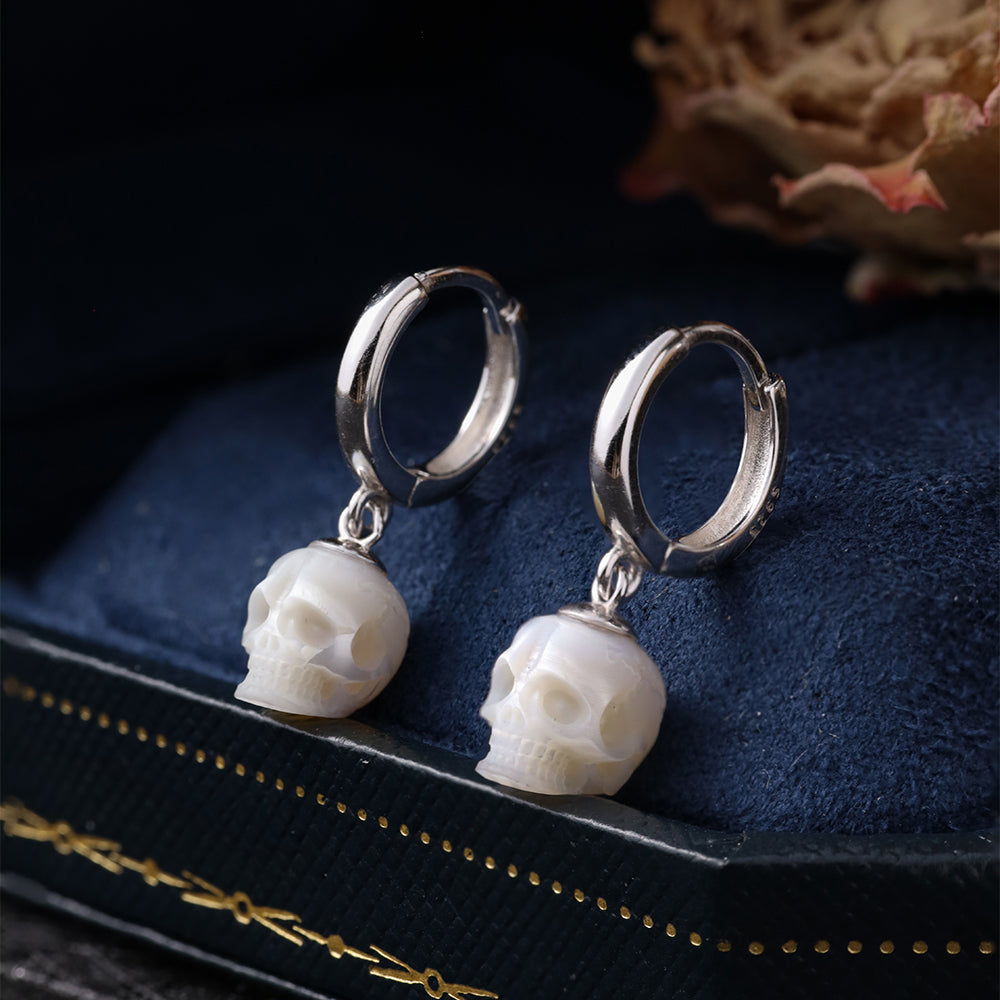 Silver Ivory white Classic Skull Pearl Drop Huggie Hoop Earrings