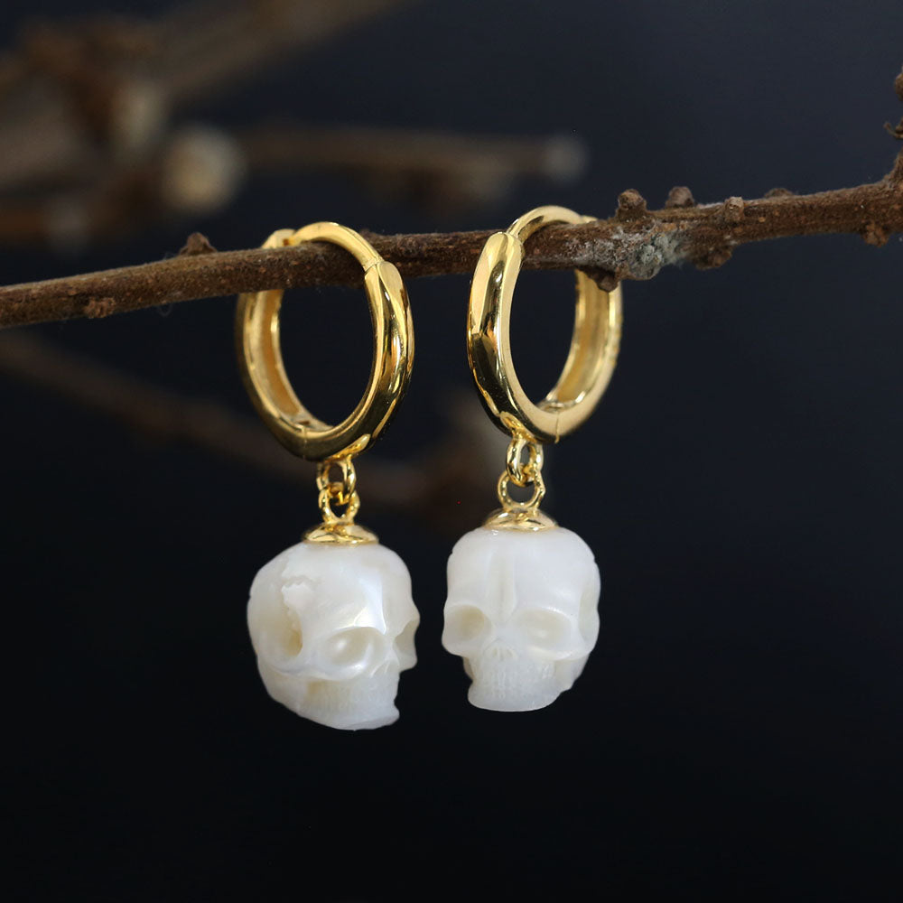 Gold Ivory white Classic Skull Pearl Drop Huggie Hoop Earrings