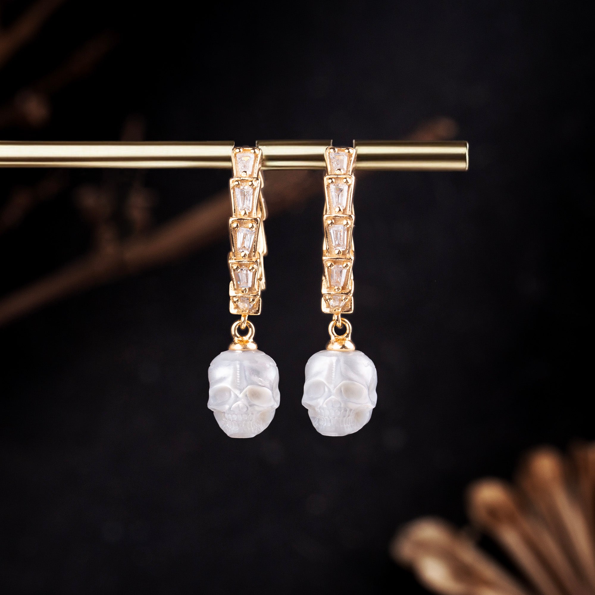 Classic Zircon Pearl Skull Drop Huggie Hoop Earrings