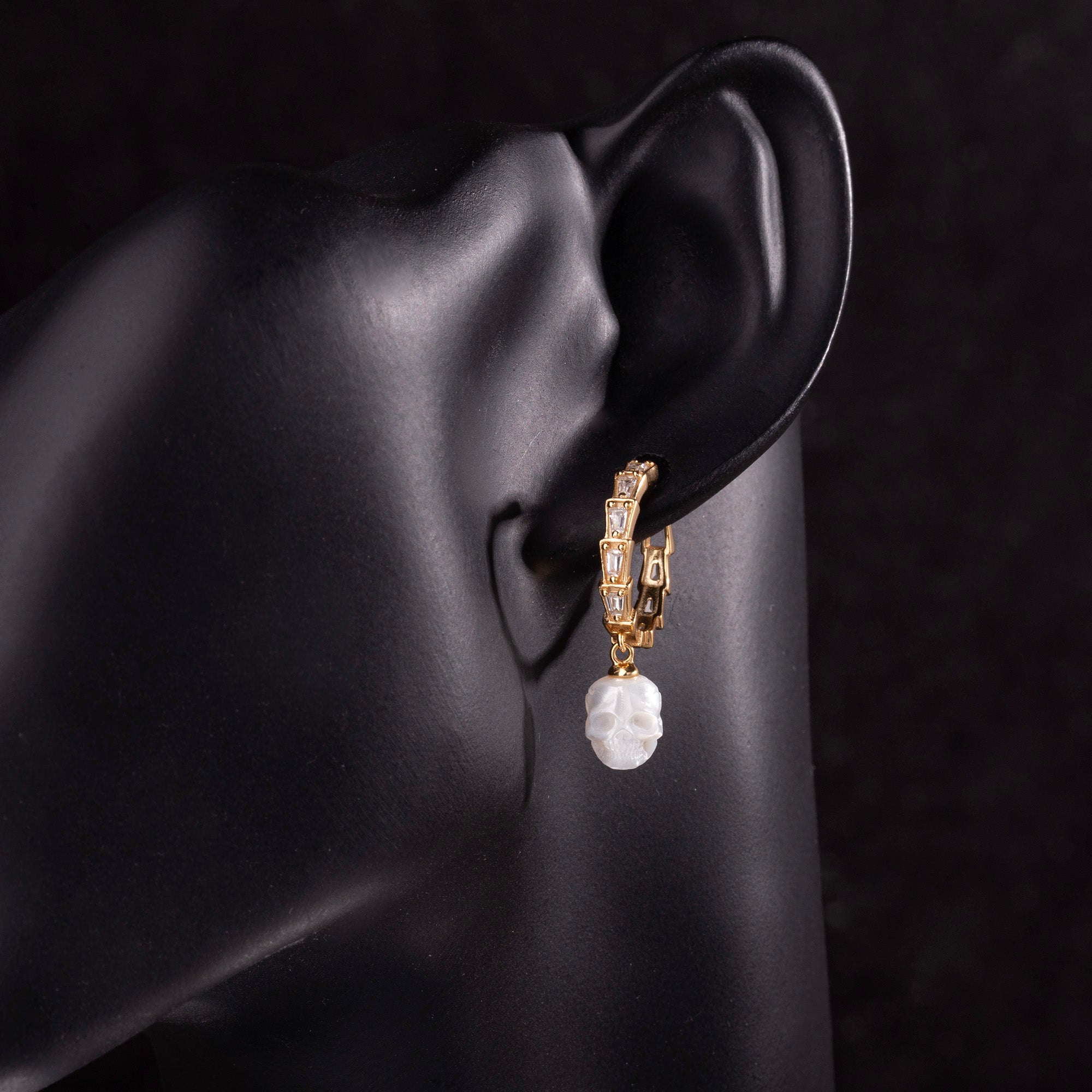 Classic Zircon Pearl Skull Drop Huggie Hoop Earrings