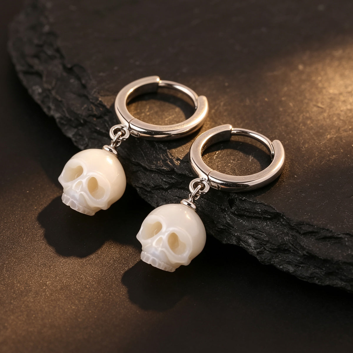 Classic Cranium Pearl Drop Huggie Hoop Earrings-White
