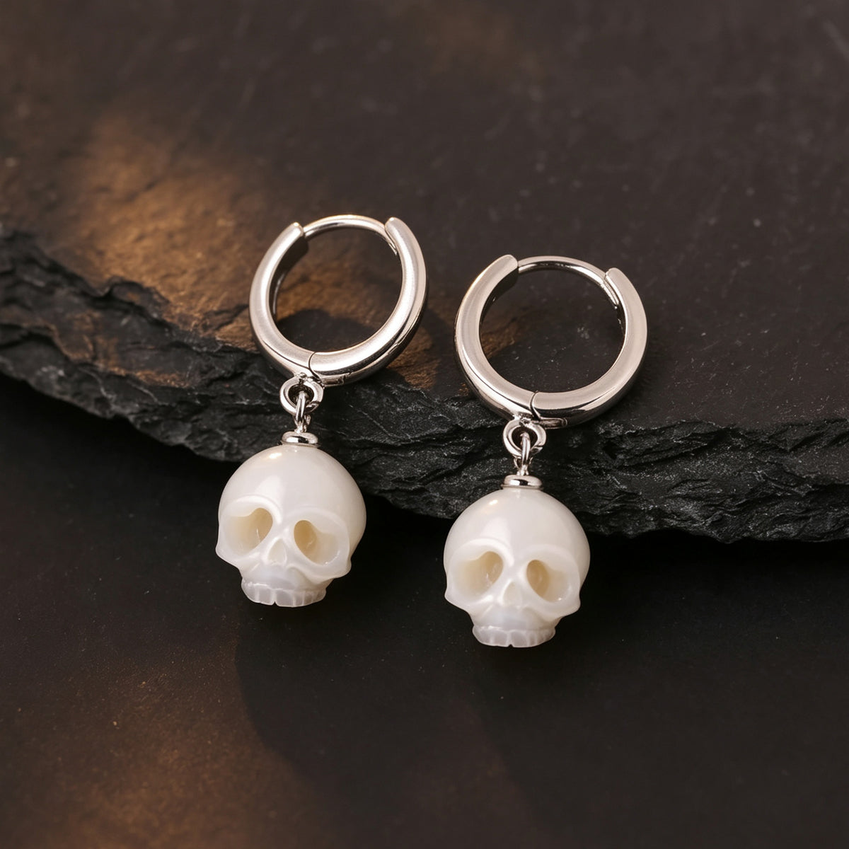 Classic Cranium Pearl Drop Huggie Hoop Earrings-White