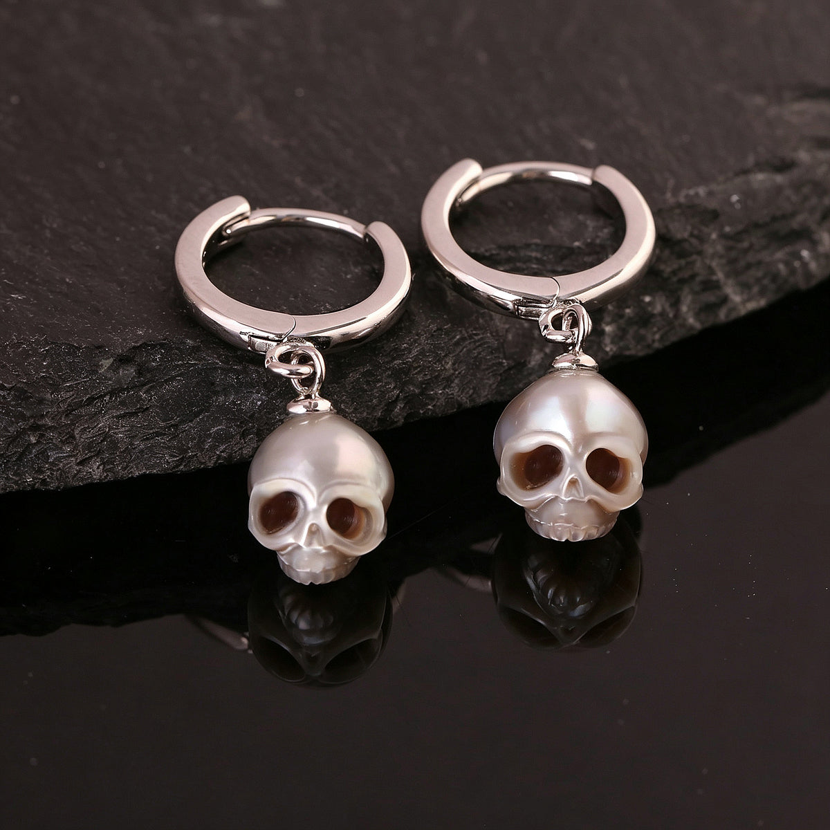 Classic Cranium Pearl Drop Huggie Hoop Earrings-Gray
