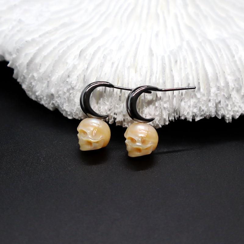Belle Juri Crescent Pearl Skull Stud Earrings