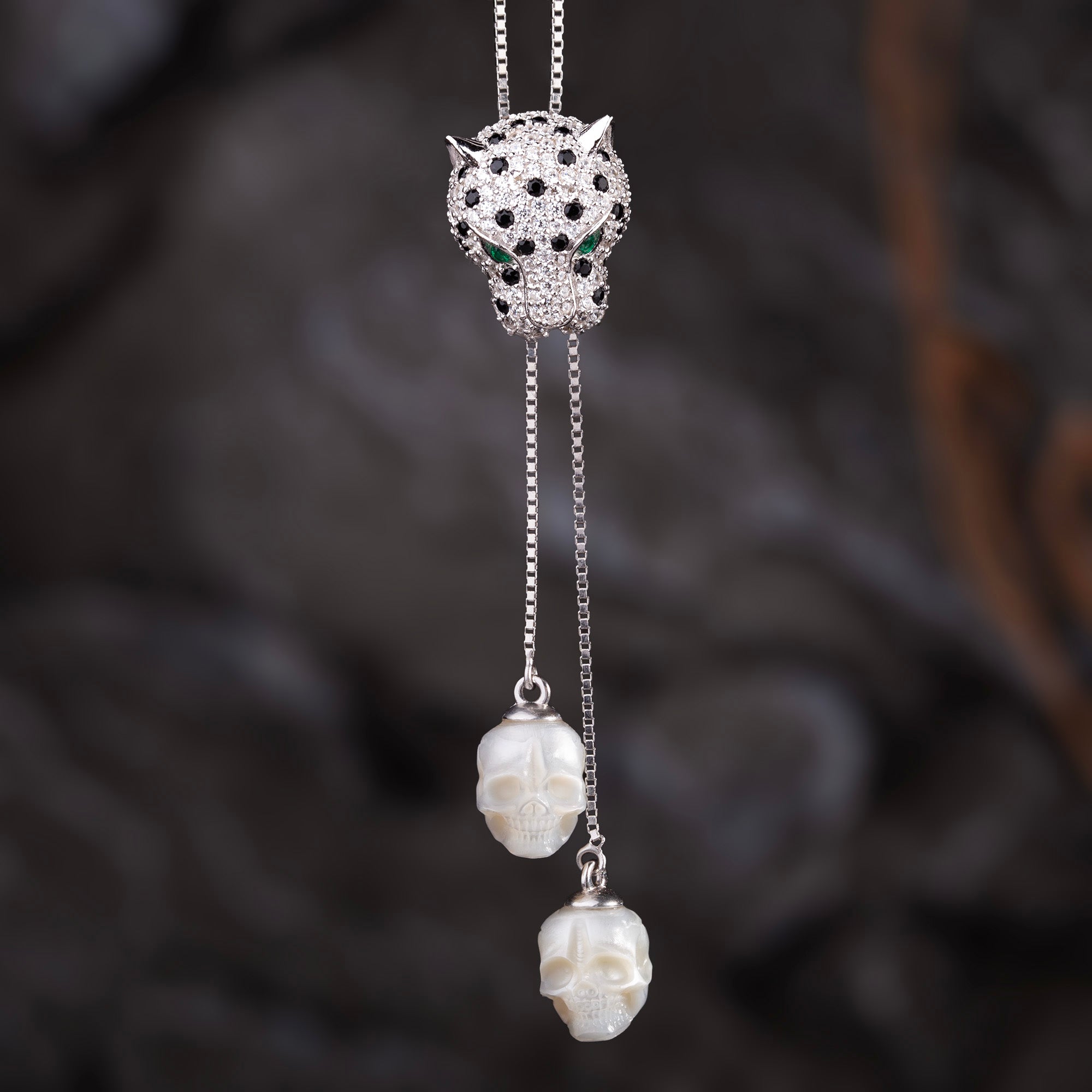 Cubic Zirconia Leopard Lariat Pearl Skull Necklace