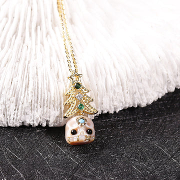 Dainty Christmas Tree Carved Pearl Skull Śmaśana Necklace