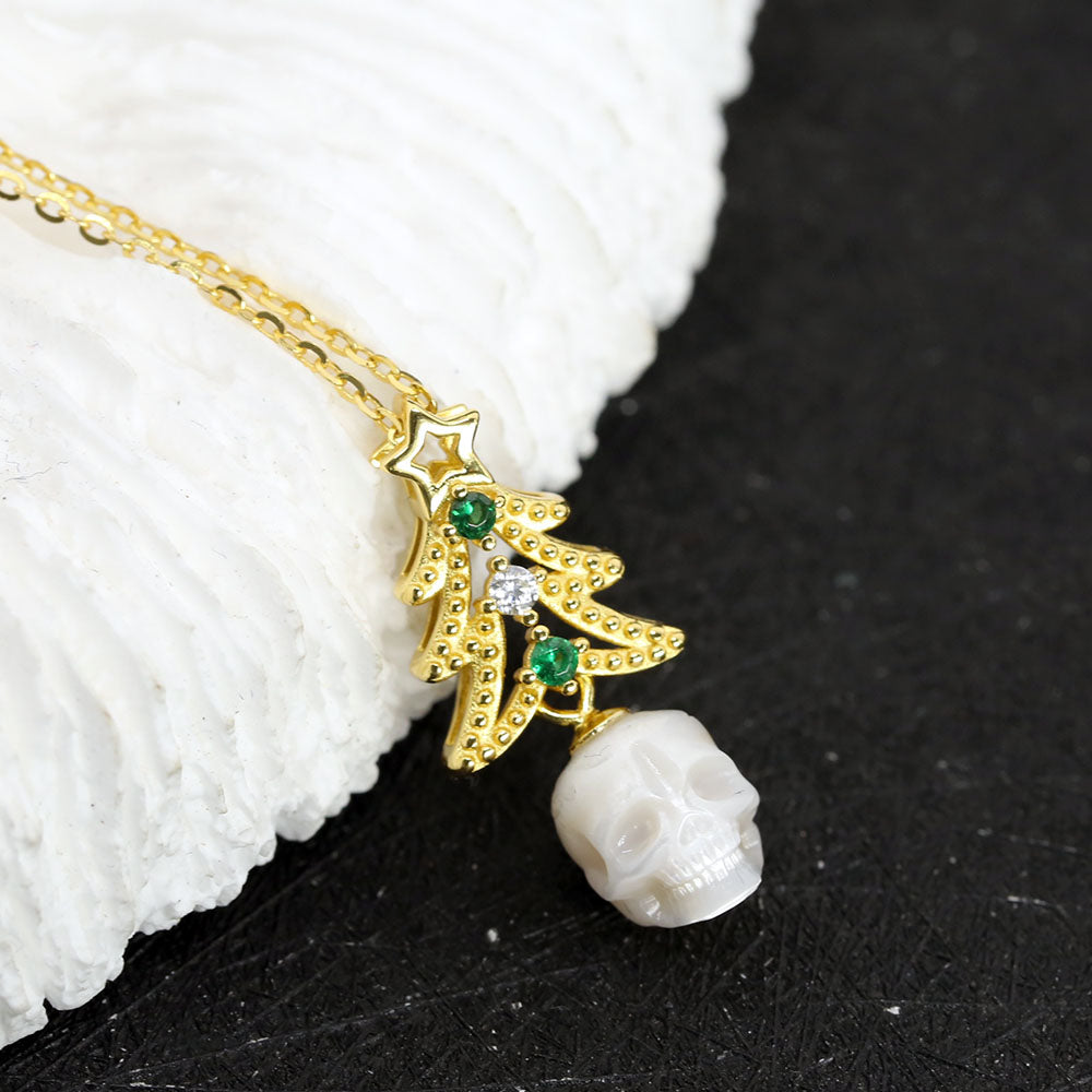 Dainty Christmas Tree Pearl Skull Necklace