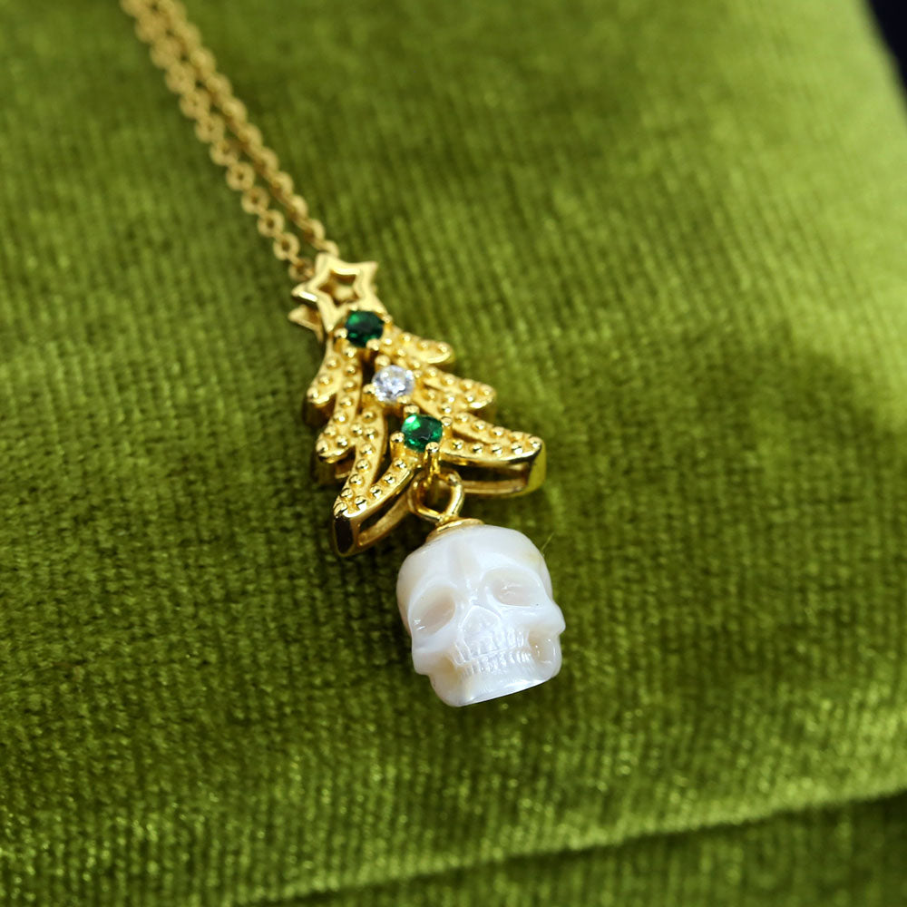 Dainty Christmas Tree Pearl Skull Necklace