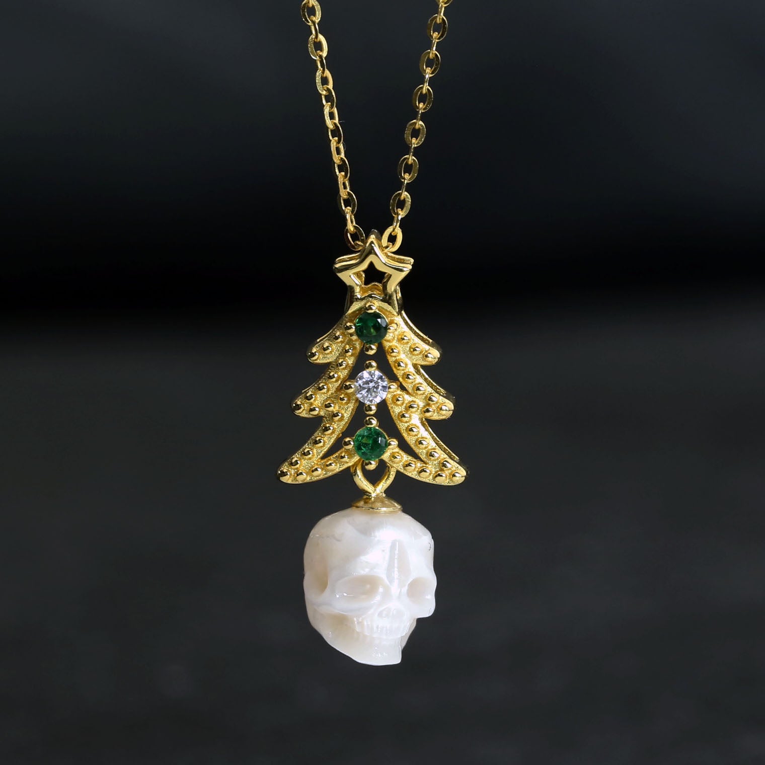 Dainty Christmas Tree Pearl Skull Necklace