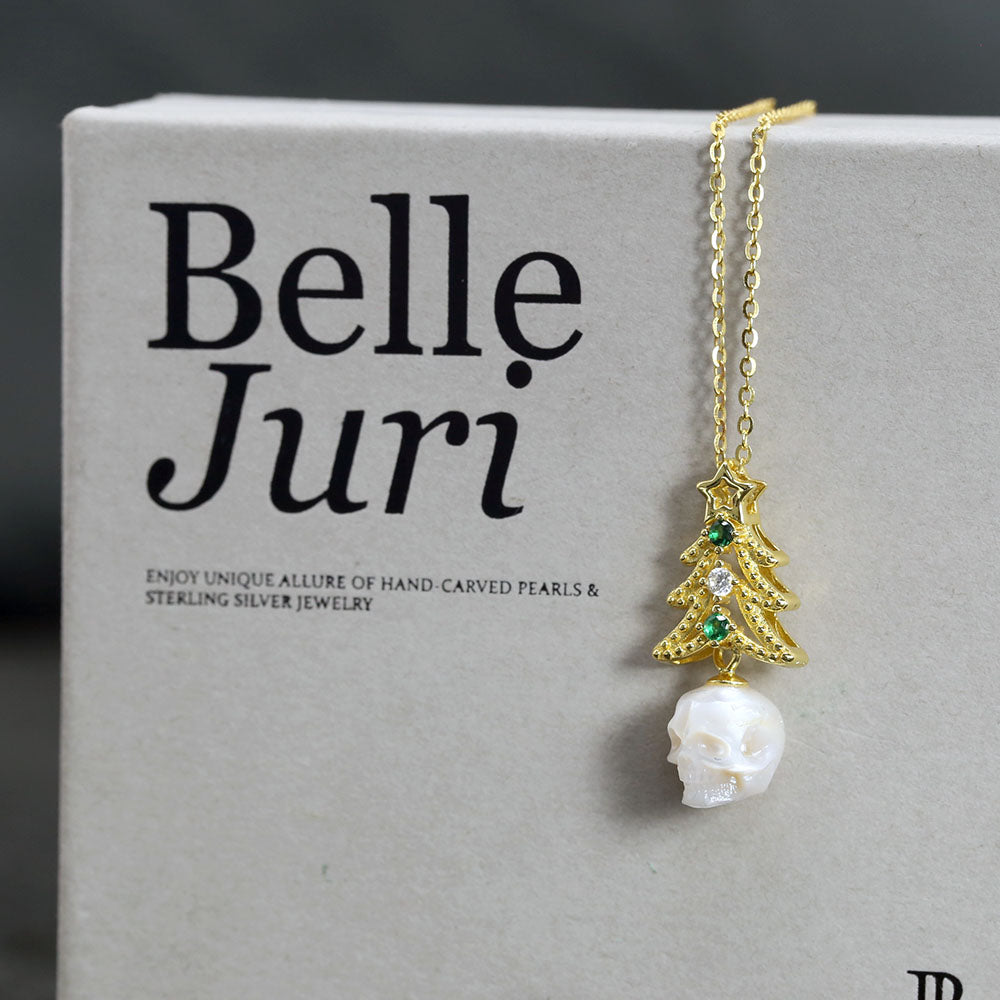 Dainty Christmas Tree Pearl Skull Necklace