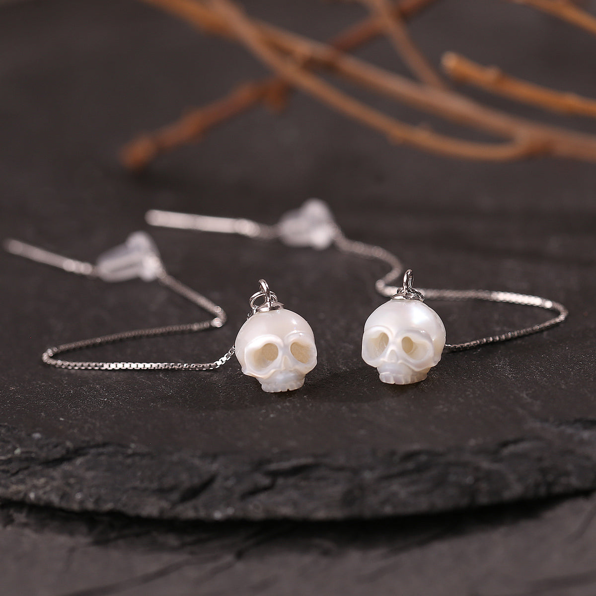 Dainty Cranium Pearl Ear Threader Earrings-White