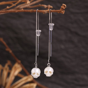 Dainty Cranium Pearl Ear Threader Earrings-White