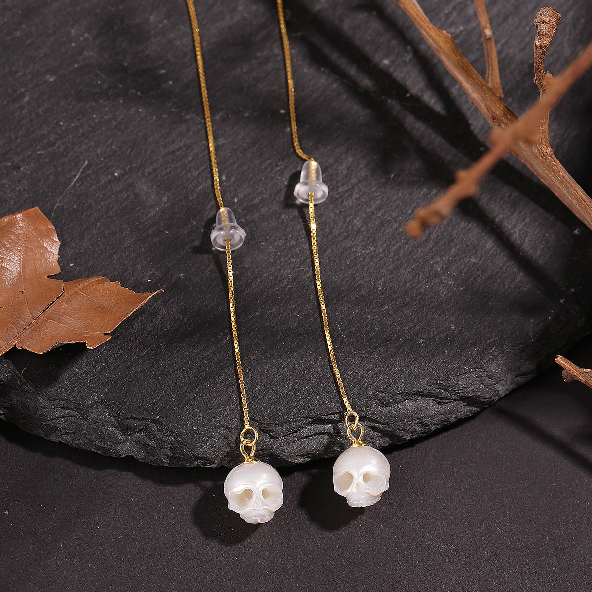 Dainty Cranium Pearl Ear Threader Earrings-White