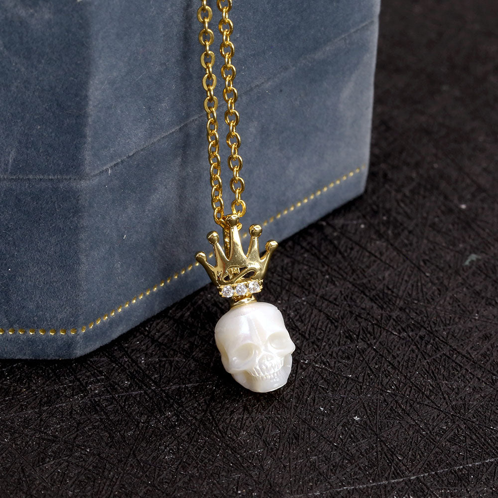 Dainty Crown Pearl Skull Charm Necklace