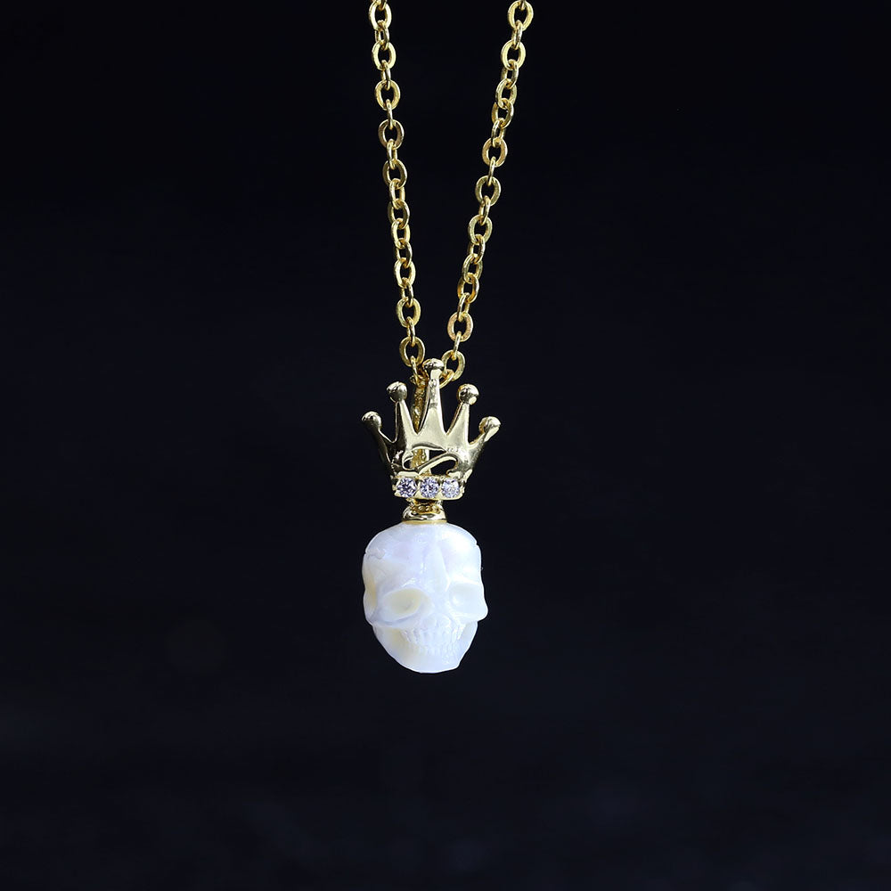 Dainty Crown Pearl Skull Charm Necklace