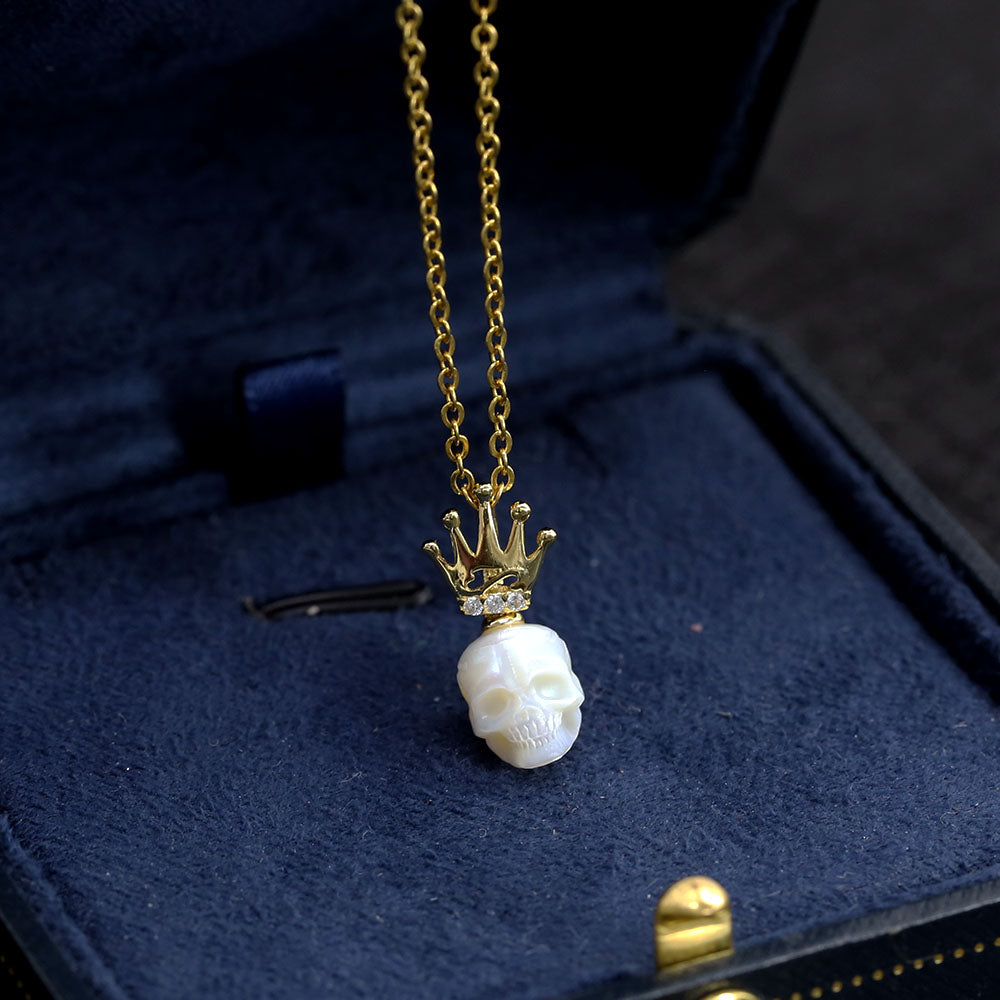 Dainty Crown Pearl Skull Charm Necklace