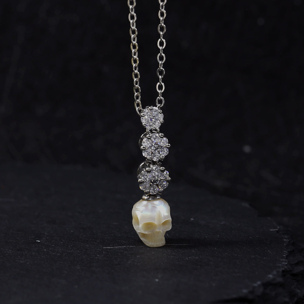 Dainty Floral CZ Cluster Pearl Skull Necklace