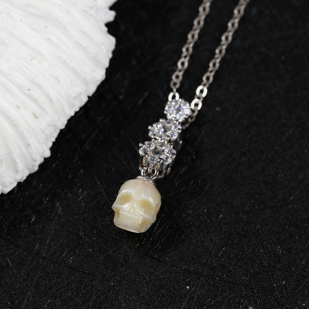 Dainty Floral CZ Cluster Pearl Skull Necklace