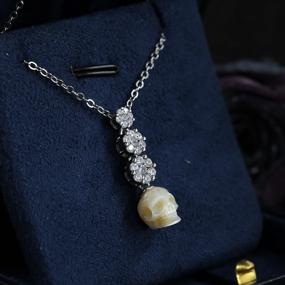 Dainty Floral CZ Cluster Pearl Skull Necklace