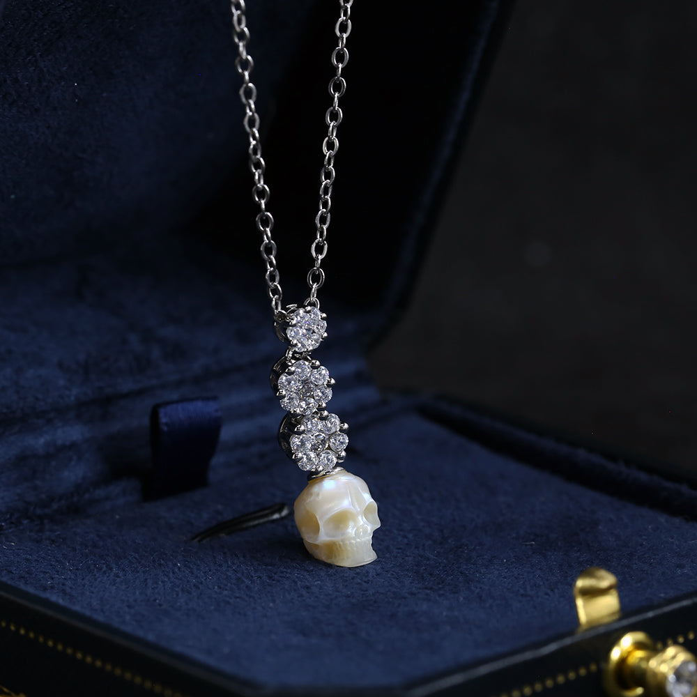 Dainty Floral CZ Cluster Pearl Skull Necklace