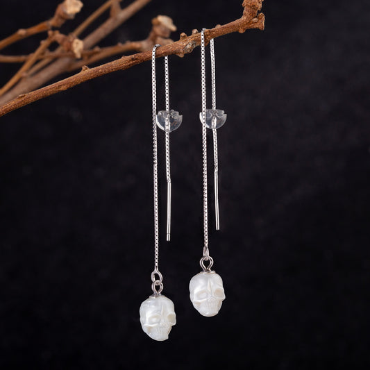 Dainty Pearl Skull Ear Threader Earrings