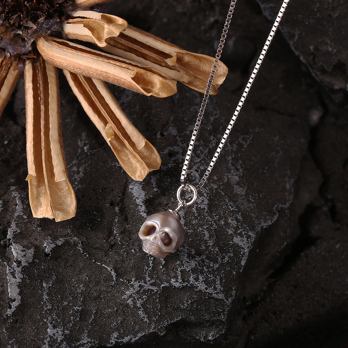 Dainty Simple Pearl Gray Cranium Pendant Necklace