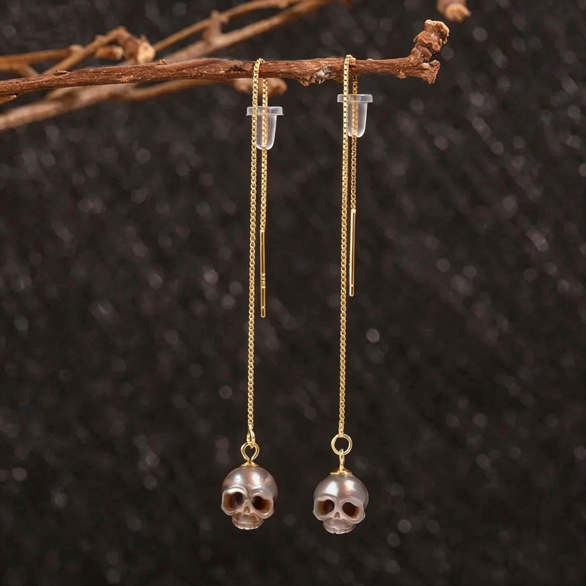 Dainty Cranium Pearl Ear Threader Earrings-Gray