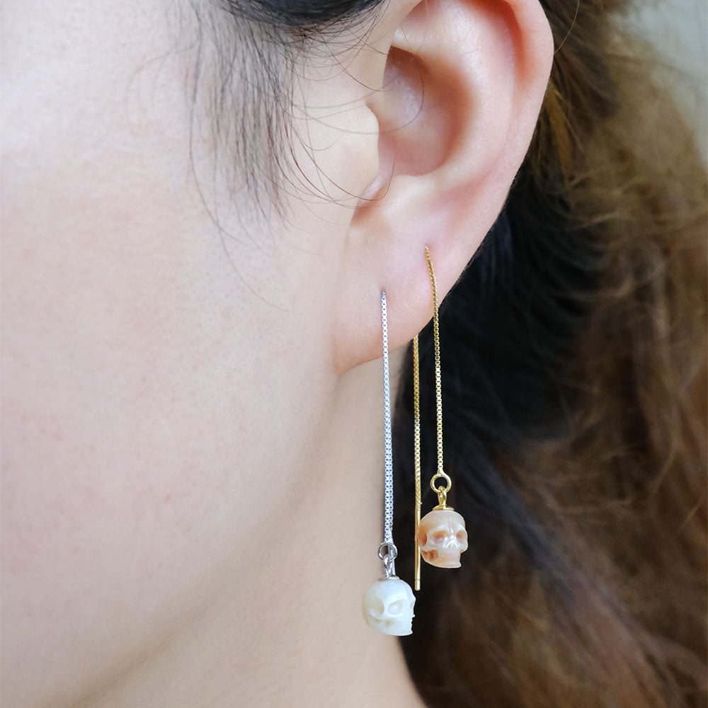 Dainty Pearl Skull Ear Threader Earrings