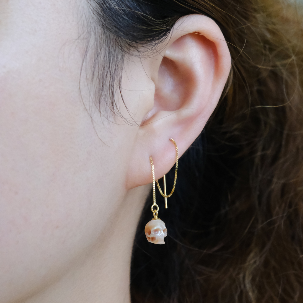 Dainty Pearl Skull Ear Threader Earrings