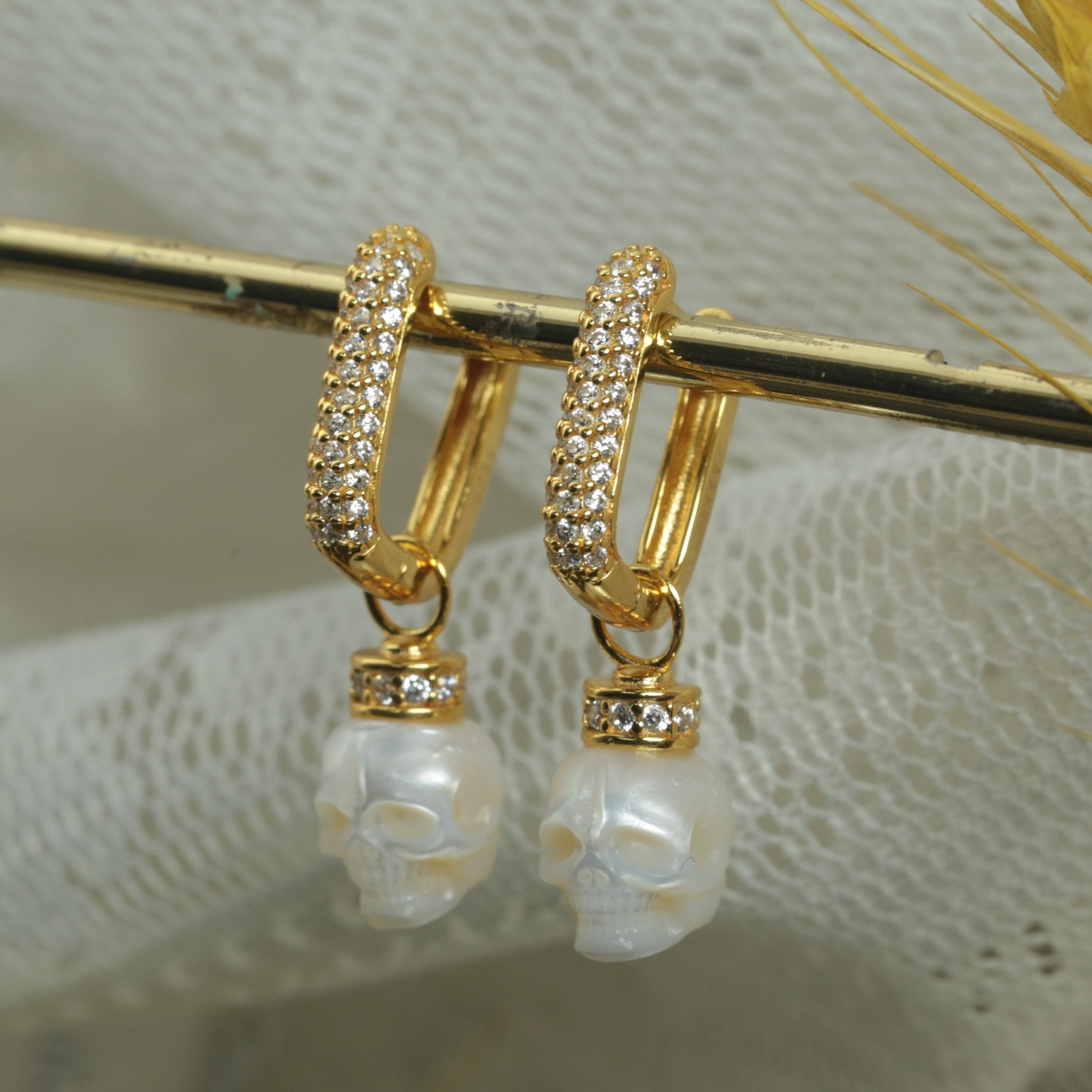 Detachable CZ Pearl Skull Hoop Earrings