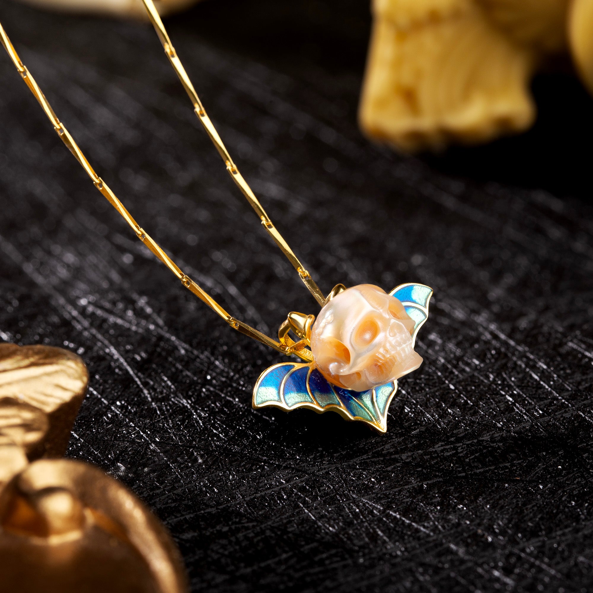 Devil Horn Bat Pearl Skull Necklace