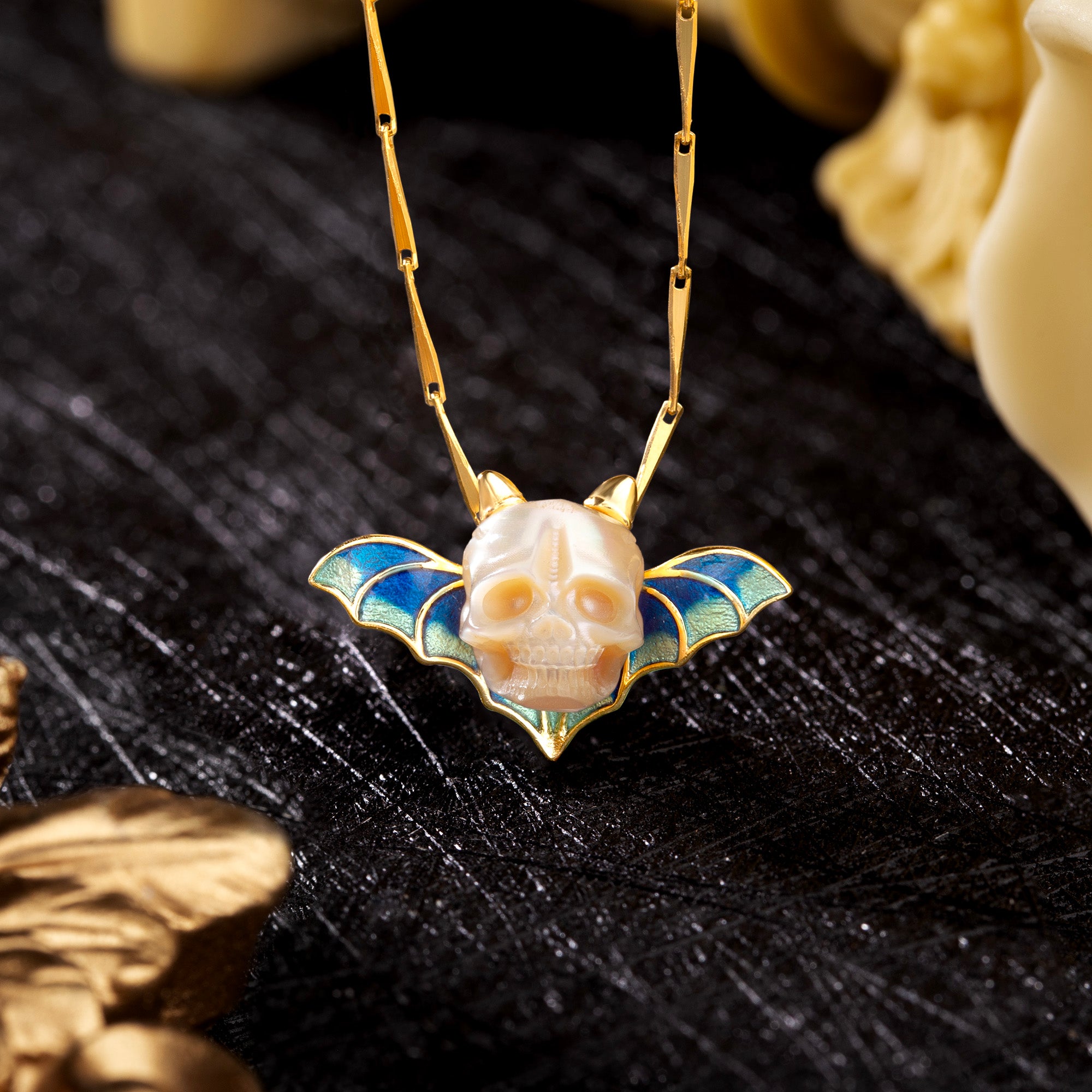 Devil Horn Bat Pearl Skull Necklace