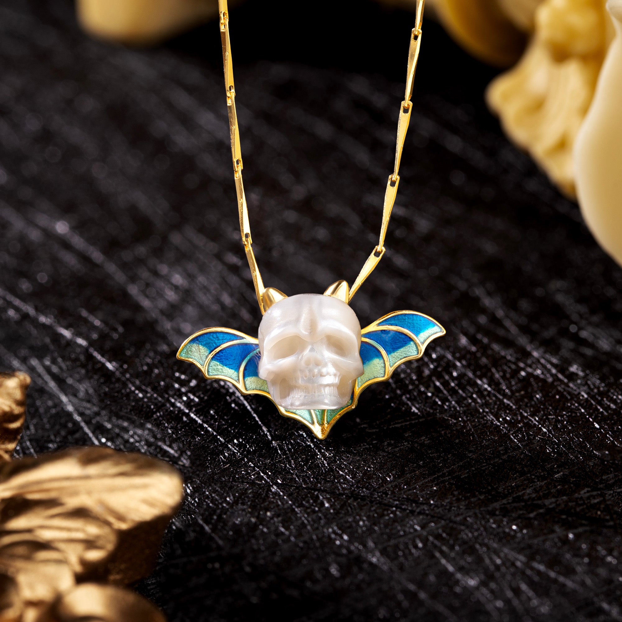 Devil Horn Bat Pearl Skull Necklace